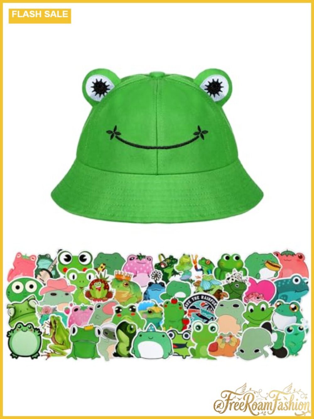 Frog Bucket Hat with 50 Stickers Cotton Sun Protection Foldable Fisherman Hat